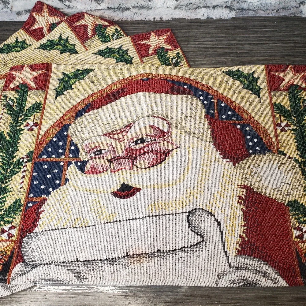 Set Of 2 Tapestry Style Winter Christmas Placements Holiday Dining Sanra Claus